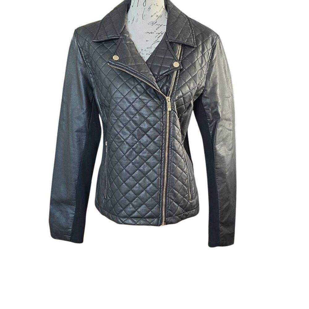 Calvin Klein Women's Size Large Black Quilted Pleather Moto Jacket